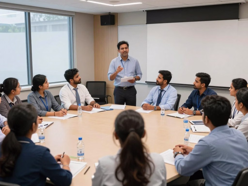 Team building workshop facilitator leading interactive session with corporate team members